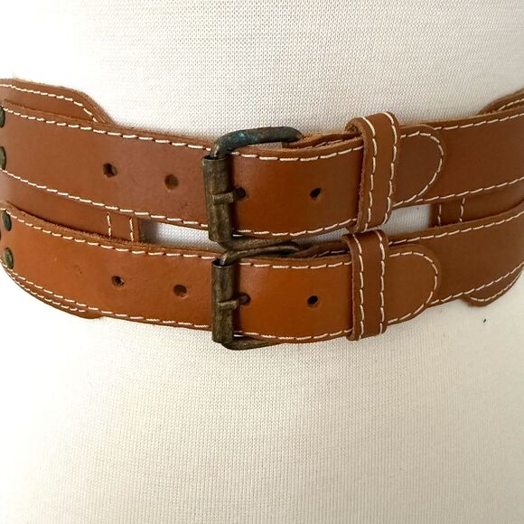 VTG Divided H&M Vintage Brown Leather Double Buckle Wide Waist Cinch Belt Sz S main image 6